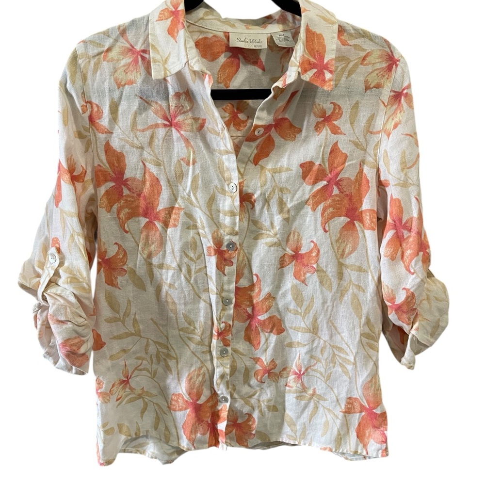 Studio Works 100%‎ Linen Floral tab sleeve blouse PM